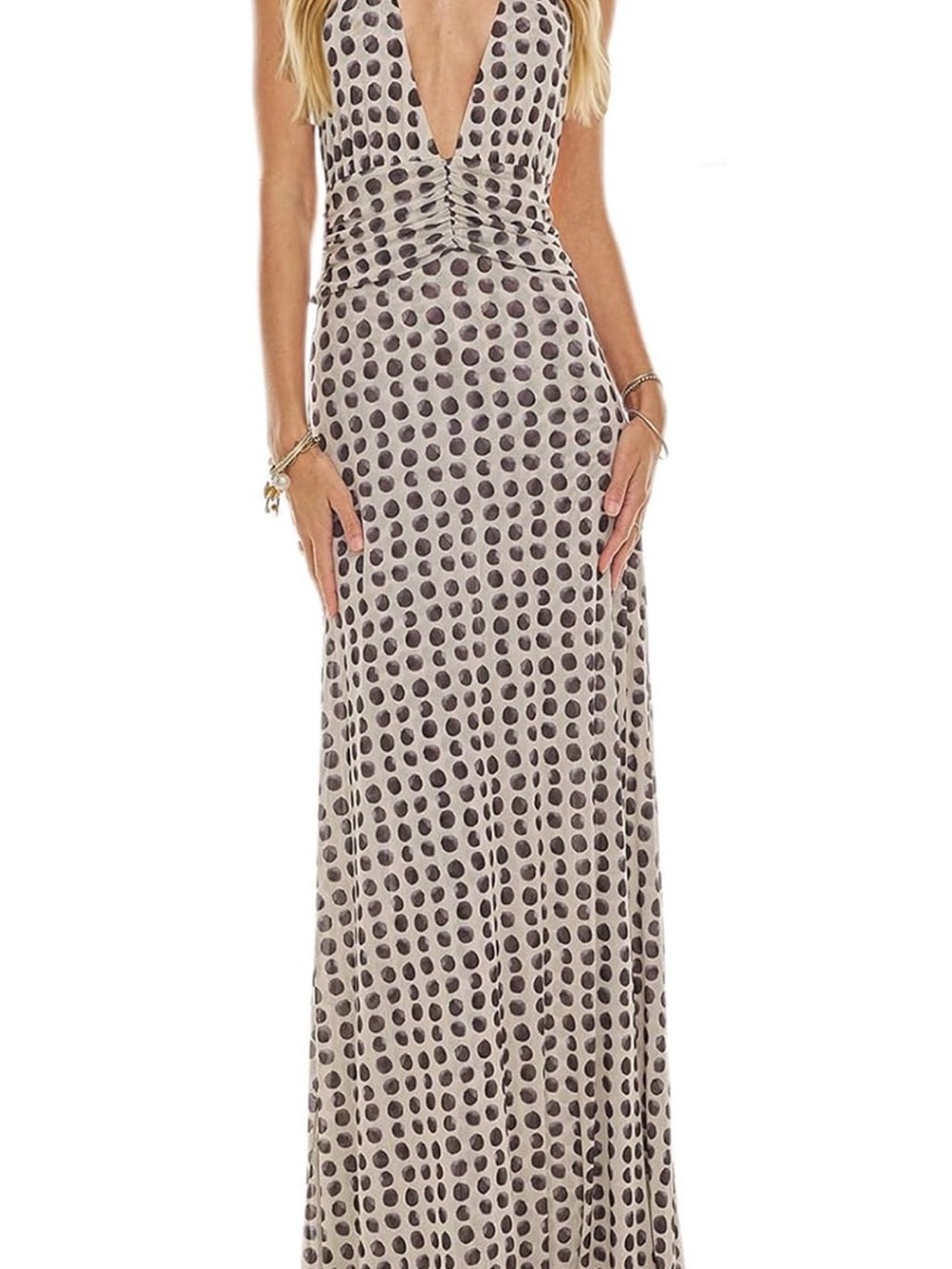Polka Dot Deep V Maxi Dress - Taupe and Charcoal